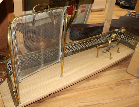 A Regency brass kerb, a spark guard, bellows, a coal bucket, fire brass, etc. kerb length 126cm